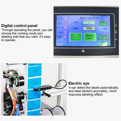 Digital control panel and electric eye of Heavy Duty Automatic Round Bottle Label Applicator 10 to 150 mm for precise labeling.
