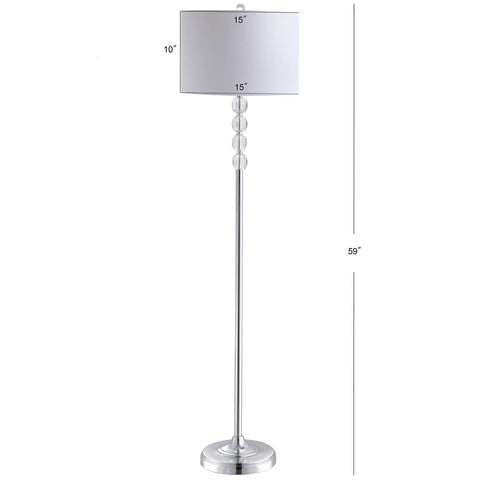 Lit Glam Chrome And Crystal LED Floor Lamp With White Linen Drum Shade, 59.5 Inch Tall Standing Pole Light; Front View