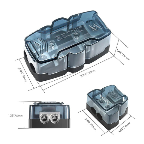 Heavy Duty Fuse Distribution Combo Block For Dual Amplifier Ground Wiring Zero To Four Gauge Input Twin Output Terminals Zinc Die Cast Shell with dimensions shown.