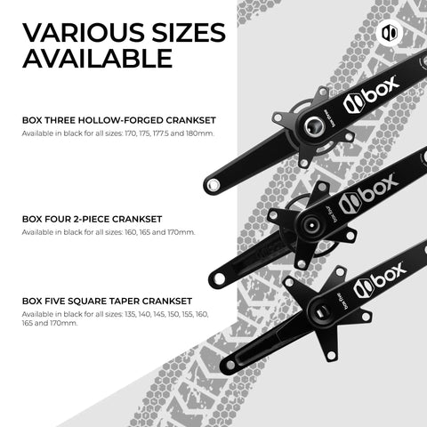 Various sizes of Box cranksets including square taper options shown with black anodized finish and laser etched graphics.