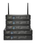 TZ570p Gen Seven Firewall Fires Up Your Office Network With Native PoE And A Bulletproof Three Year Advanced Protection Bundle Plus Cloud Secure Edge For Seamless Multi Gig Security stacked network security devices in black with LED indicators