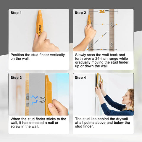 Step-by-step instructions showing Top Shelf Magnetic Stud Finder With No Batteries Needed for locating screws and nails.