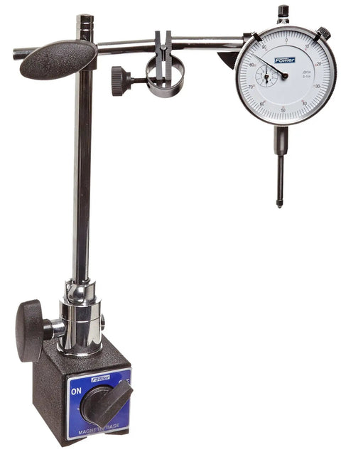 Magnetic Base Dial Indicator Set With White Dial For Precision Machining And Shop Inspections, stand mounted holder visible