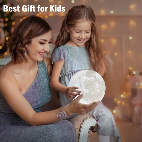 Mother and child with Lit 3D Moon Lamp 5.9 Inch With 16 Color Lights Remote And Touch Control Realistic Moon Surface, warm glow.
