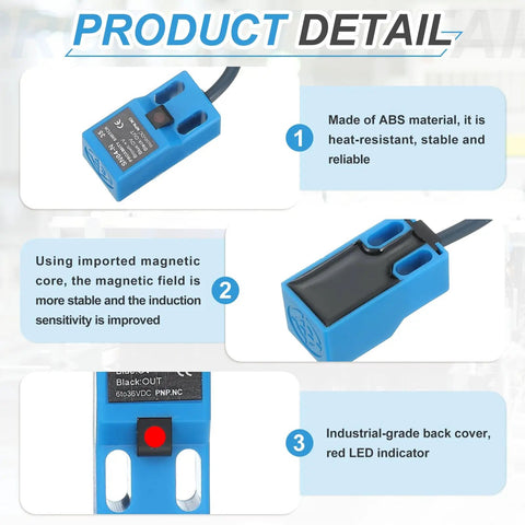 Close-up of Inductive Proximity Sensor With 4mm Sensing Range, DC 6-36V, 3-Wire PNP NC Normally Closed, rugged blue housing with features.