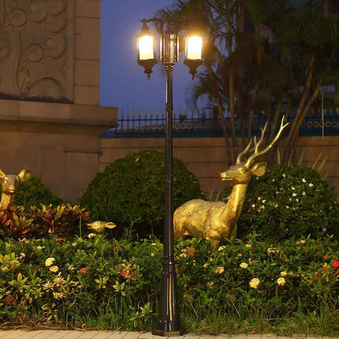 Top Shelf Dual Head Outdoor Led Street Light With Slick Water Wave Glass And Heavy Duty Aluminum Pole illuminating garden decor.