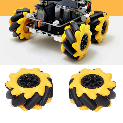 48mm mecanum wheels for omnidirectional robots with rubber coating for superior traction, shown on a robotic car chassis.