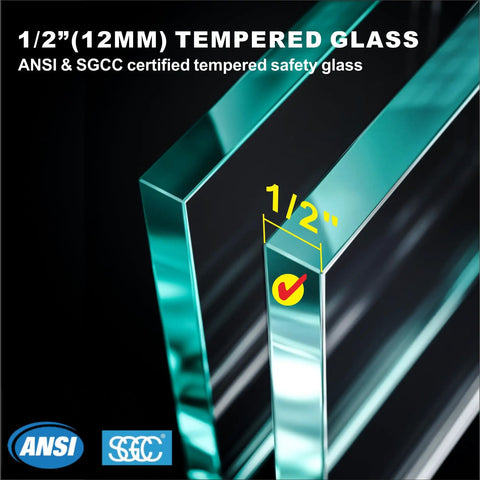 1/2 inch (12mm) tempered glass detail showing ANSI & SGCC certification for Heavy Duty Six Panel Frameless Tempered Glass Deck Railing Kit.
