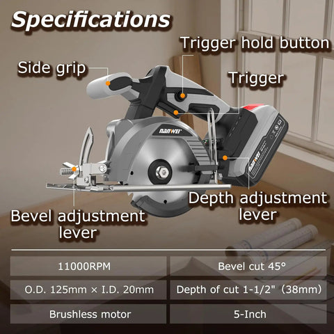 20V Cordless Circular Saw Featuring Brushless Motor And 5 Inch Compact Build Includes 4 Amp Hour Battery And Fast Charger Specifications with labels.