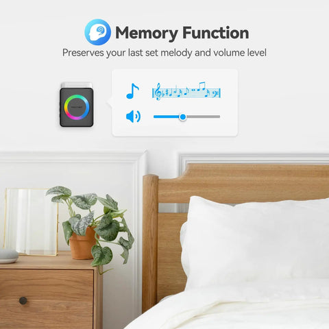 Bedside view showing Crazy Long Range Wireless Doorbell For Home With IP65 Waterproof Receiver memory function feature.