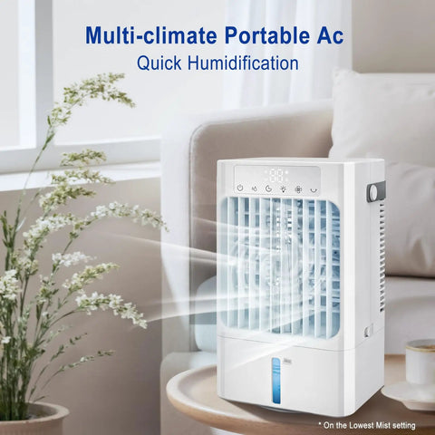 Beat The Heat With This Compact Air Cooler Desk Fan With Three Speeds 120 Degree Oscillation One To Eight Hour Timer Seven Color Led Light And Mist Mode 900ml Water Tank Portable Cooling For Bedroom Office And Desk shown in living room.