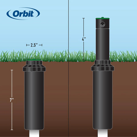 Illustration of a black sprinkler head in ground showing dimensions for Effortless Yard Irrigation Kit With All In One Automatic Watering System For Lawn And Garden No Fuss Install Blu Lock Tubing Durable Sprinkler Setup That Lets You Water Plants While You're Away.