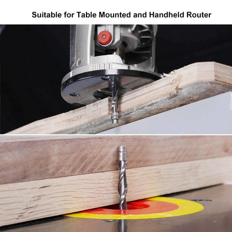 Five Piece Upcut Spiral Flush Trim Router Bit Set With Quarter Inch Shank, mounted on router, trimming wood edge