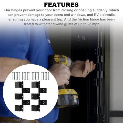 User installing Heavy Duty RV Entry Door Friction Hinge Kit Two Pack with screwdriver and hinge parts for travel trailers.