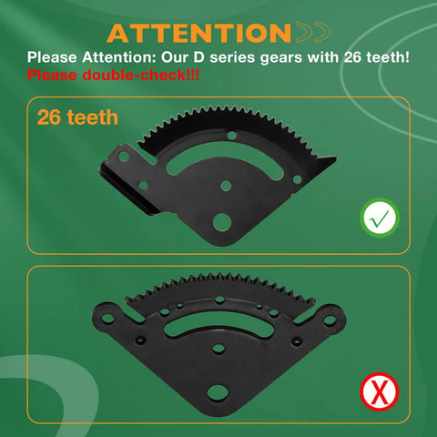 Comparison of 26 teeth D Series lawn tractor gears showing correct and incorrect options