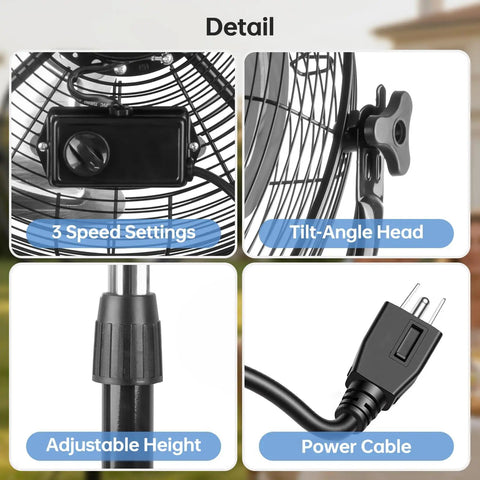 Close-up of 18 Inch High Velocity Pedestal Fan With Adjustable Height, showing 3 speed settings, tilt-angle head, and power cable.