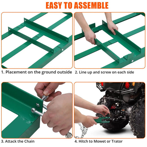 Heavy Duty Lawn Leveler Rake With 72 Inch By 10 Inch Size And 180 Degree Rotating Long Handle, easy assembly steps