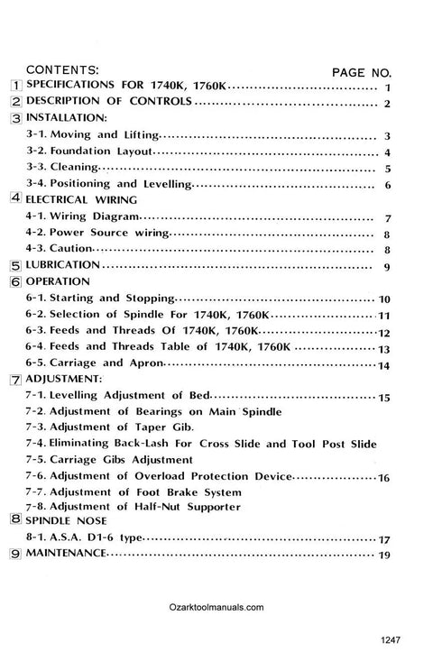 Table of contents for 1760K Metal Lathe Instruction And Parts Manual For Setup, Safety, Maintenance And Parts Reference With Cross References To 1740K Lathe For DIY Machinists And Home Workshop Pros.