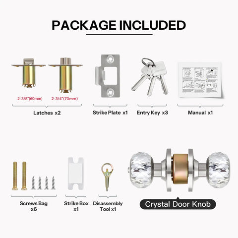 Crystal Door Knobs With Lock And Keys, 6 Pack Keyed Alike Glass Door Knob Set In Satin Nickel package contents display