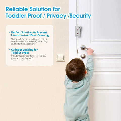 Child using Tough As Nails Home Security Door Reinforcement Lock on white door, showcasing toddler proof safety and privacy.