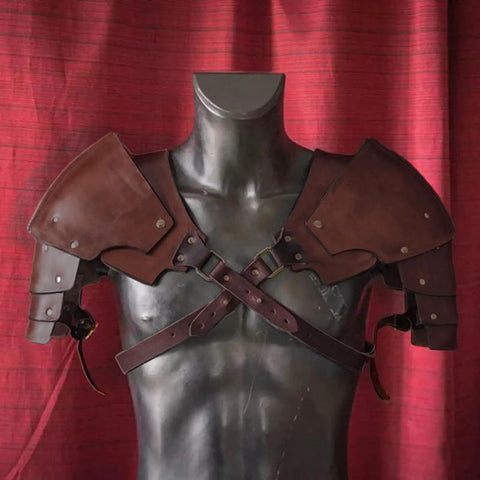 Dope Medieval PU Leather Double Pauldrons Shoulder Armor for Cosplay LARP and Historical Festivals displayed on mannequin