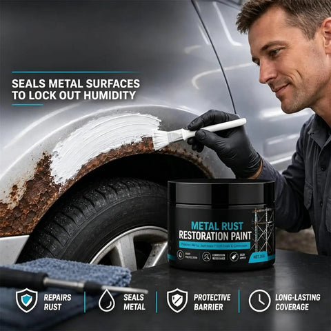 Auto Body Rust Repair Paste Kick Rust To The Curb Heavy Duty Metal Restoration Putty For Wheel Wells And Door Edges Black Protective Coating DIY fix kit shown in use.