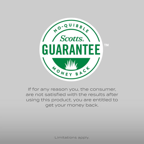 Scotts guarantee logo for Quick Fix Grass Seed Mix Rapidly Patches Up Bare Lawn Sections Within Four To Seven Days 99 Percent Weed Free.