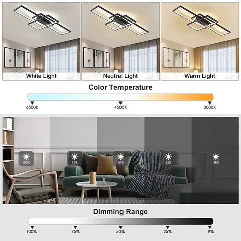Dimmable Black LED Ceiling Light With Remote Control, Modern Square Flush Mount, 62W, 3000K-6500K Tunable White, lighting modes and dimming