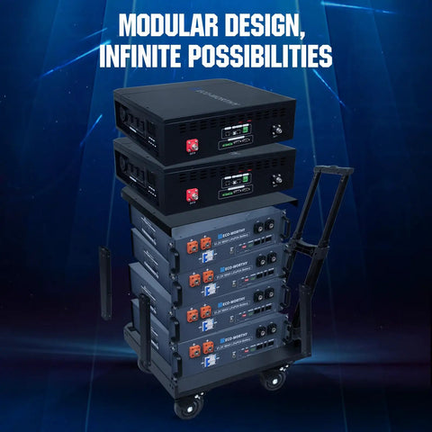Stacked Beefy Stackable Power Station With Solar Inverter, 10240Wh Capacity, 7000W Output, on mobile trolley, modular design