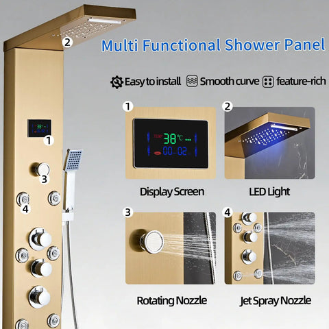 Heavy Duty Led Five In One Shower Panel Tower System With Brushed Gold Finish And Rock Solid 304 Stainless Steel Frame For Quick Hookup And Daily Showers with display screen and LED light.
