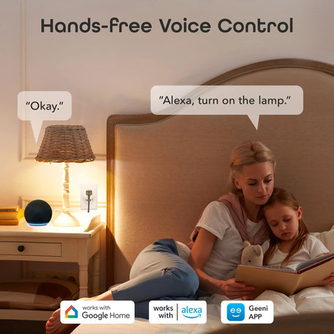 Woman and child using voice control with Dot Smart Plug With 2.4GHz WiFi, Compact Fire Resistant Outlet With Schedule And Timer