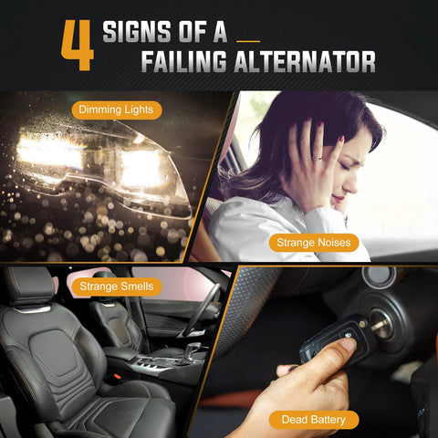 4 signs of a failing alternator: dimming lights, strange noises, strange smells, and dead battery.