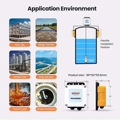 WiFi Water Level Sensor Ultrasonic Level Transmitter for Smart Life App shown with application environments and dimensions.