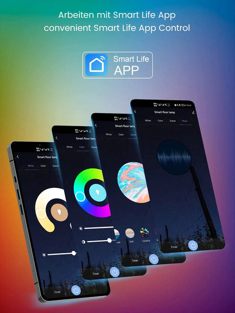 Smart RGBCW LED Floor Lamp With Alexa And Google Home app interface displaying color and brightness controls.