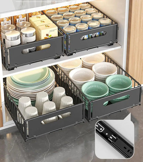 Heavy Duty Slide Out Cabinet Organizer Pair with jars and plates in a pantry, carbon steel drawer rack for storage.