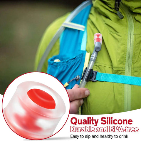 Person holding hydration pack with Bite Valve Replacement Pack For Hydration Reservoirs And Packs Silicone Sheath With Inner Post