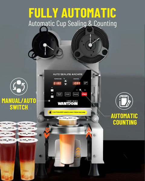 Top Tier Automatic Cup Sealer Machine For Busy Cafes with smart display sealing cups in operation, designed for rapid service.