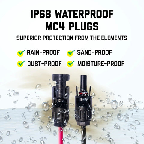 IP68 waterproof MC4 plugs with rain, sand, dust, and moisture protection for the MC4 Solar Panel To Power Station Adapter Cable.