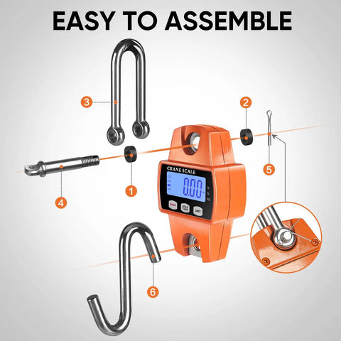 Rock Solid Heavy Duty Digital Hanging Scale Premium Aluminum Crane Gauge 660 Lb Capacity assembly details with parts labeled.