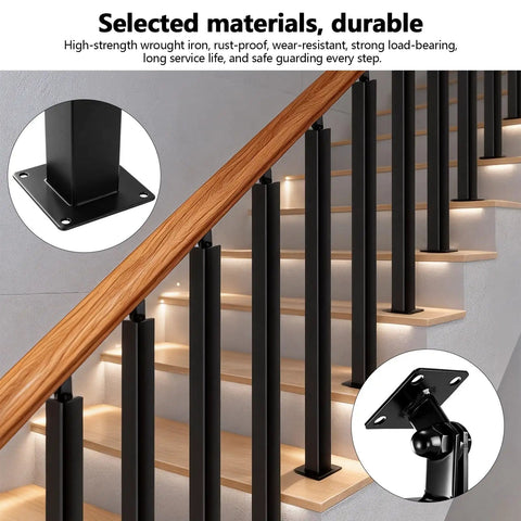 Matte Black Staircase Spindles With Complete Hardware Kit Holeless Iron Railing Posts For Modern Vintage Homes, showcasing durable installation details.