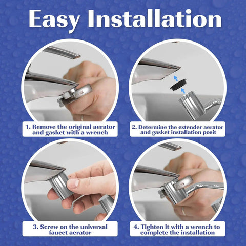 Easy installation steps for Go-To 1080 Degree Rotating Faucet Extender With Splash Filter Aerator, shown in four stages.