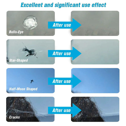 Image showing before and after effects of Three Pack Windshield Crack Repair Kit For Cars, Nano Glass Repair Fluid For Chips And Scratches on different crack types.