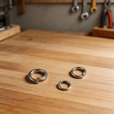 Open Spring Washers And Split Lock Washer Set, 480 Pcs Mechanical Fastener Kit, 304 Stainless Steel washers on wooden surface