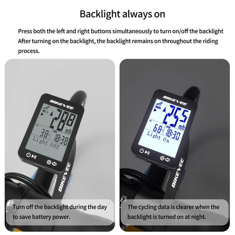 Dope GPS Bike Computer With Wireless Setup displaying backlight feature in dark and light modes for road, mountain cycling