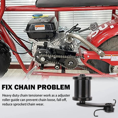 Heavy Duty Chain Tensioner With One And Three Quarter Inch Roller installed on mini bike engine, prevents chain slipping