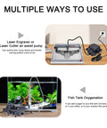 Diagram showcasing Pro Grade 54 LPM Airflow Air Assist For Laser Engraver With Adjustable Knob 110V used for engraver and fish tank.