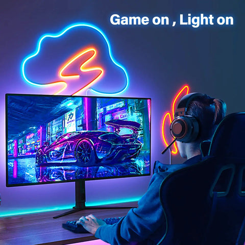 RGBIC Neon Rope Lights 16.4ft With Music Sync Dope Gaming Mood Lighting DIY Color Strip illuminating a gaming setup with neon effects.