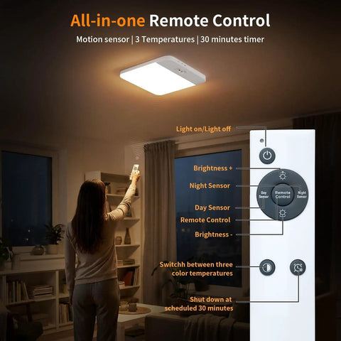 Woman using remote control for Rechargeable Motion Sensor LED Ceiling Light No Hassle Remote Included Wireless Battery Operated Closet Light 400LM Dimmable 3 Color Temperatures Motion Activated For Stair Hallway Garage Pantry 6000mAh Battery Auto Off 30 Minutes