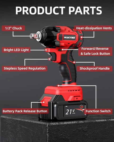 Cordless impact wrench showing product parts in red and black design on display stand.