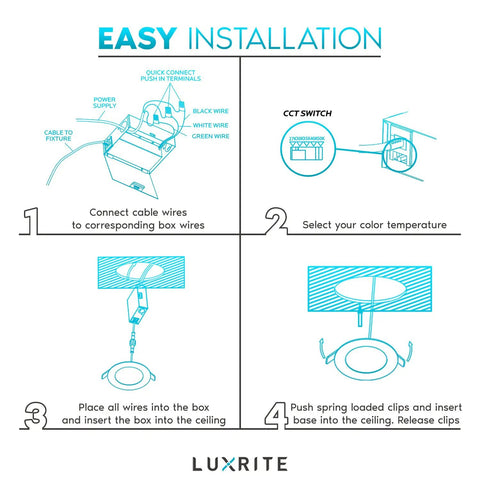 Installation guide for Lit Ultra Thin 4 Inch LED Recessed Light Kit With J Box 12W 5 Color Temperature Switchable 2700K To 5000K